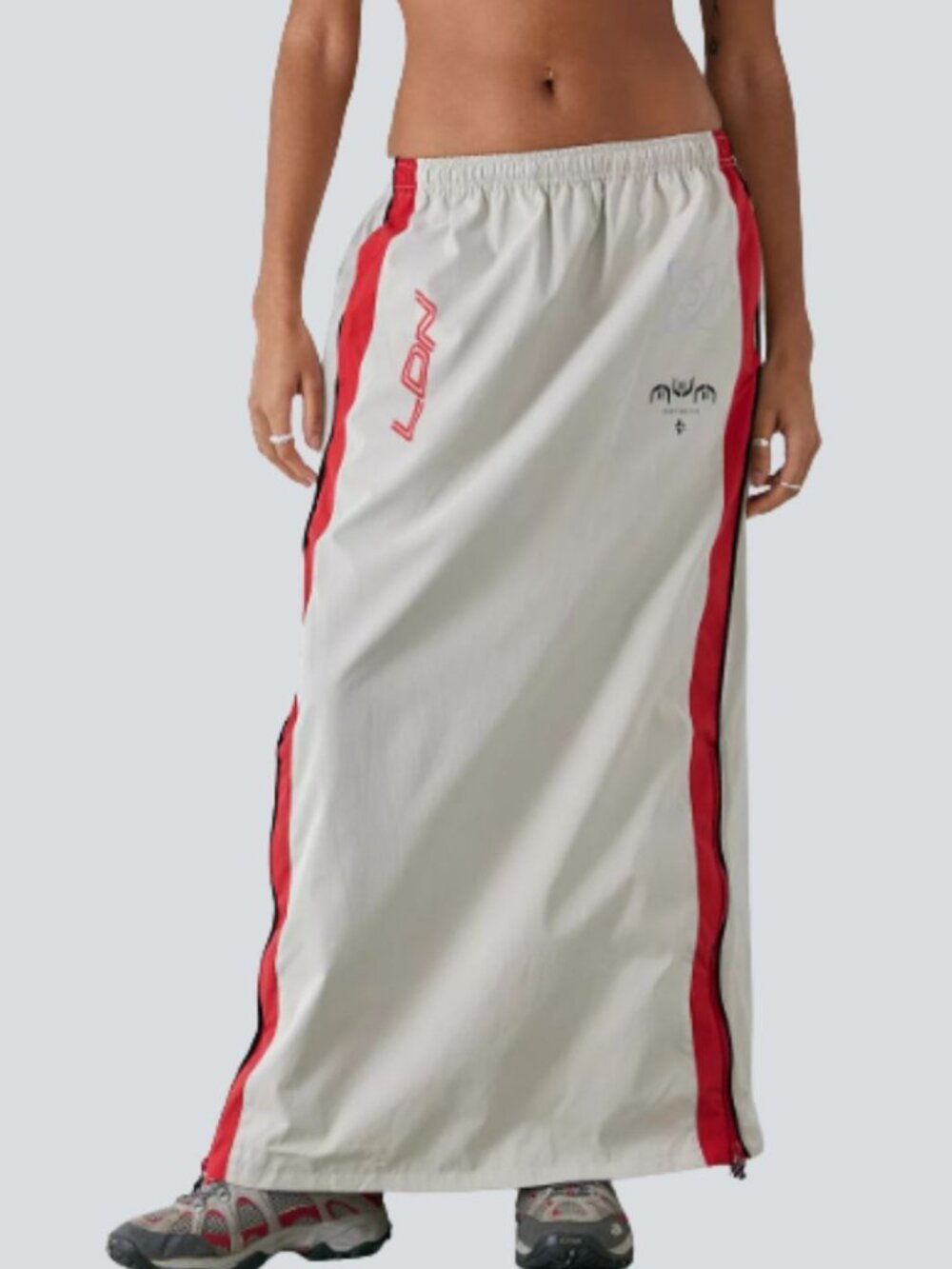 Jaded London Sporty Maxi Skirt XS Tan Red Woven Windbreaker Retro Motor Sport